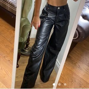 Bershka High Waisted Wide Leg Faux Leather Trousers